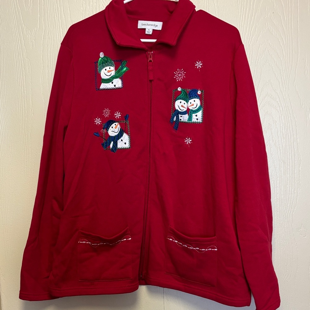 Breckenridge Red Christmas Snowman Zip Up Jacket size XL. Lightly fleece-lined